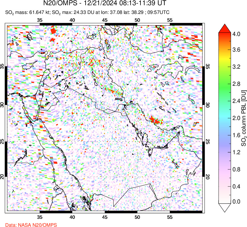 A sulfur dioxide image over Middle East on Dec 21, 2024.