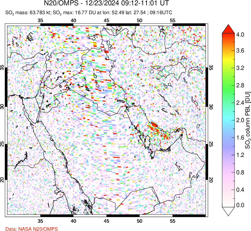 A sulfur dioxide image over Middle East on Dec 23, 2024.