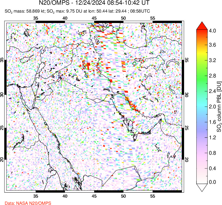 A sulfur dioxide image over Middle East on Dec 24, 2024.