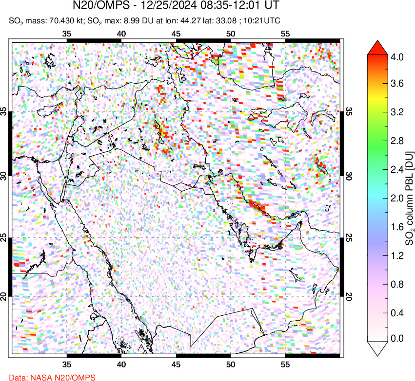 A sulfur dioxide image over Middle East on Dec 25, 2024.