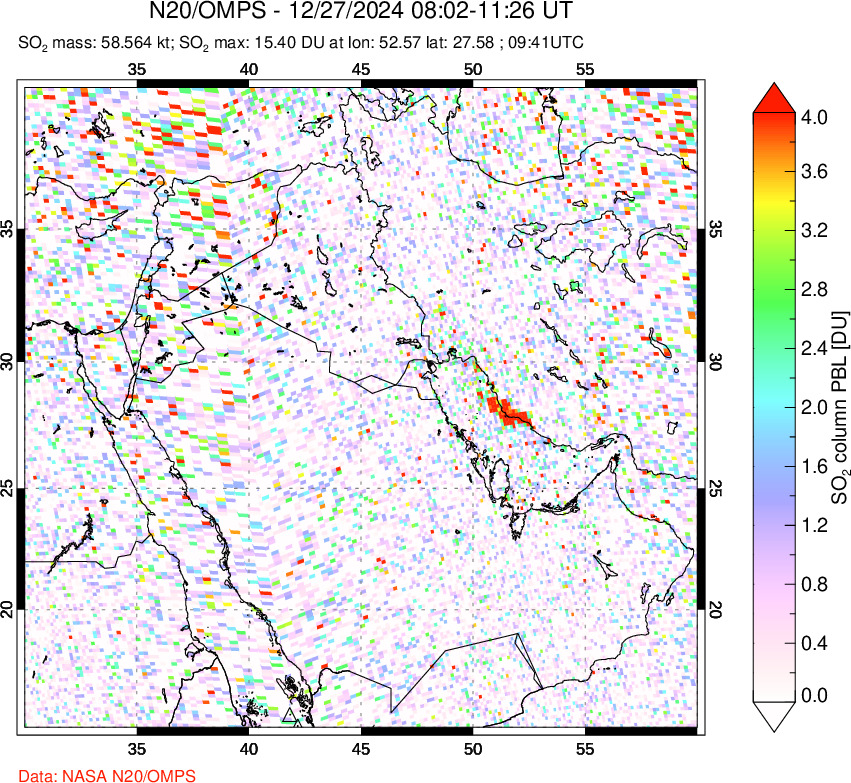 A sulfur dioxide image over Middle East on Dec 27, 2024.