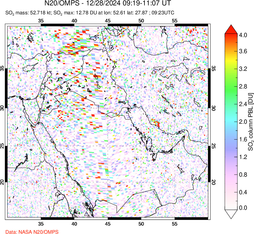 A sulfur dioxide image over Middle East on Dec 28, 2024.