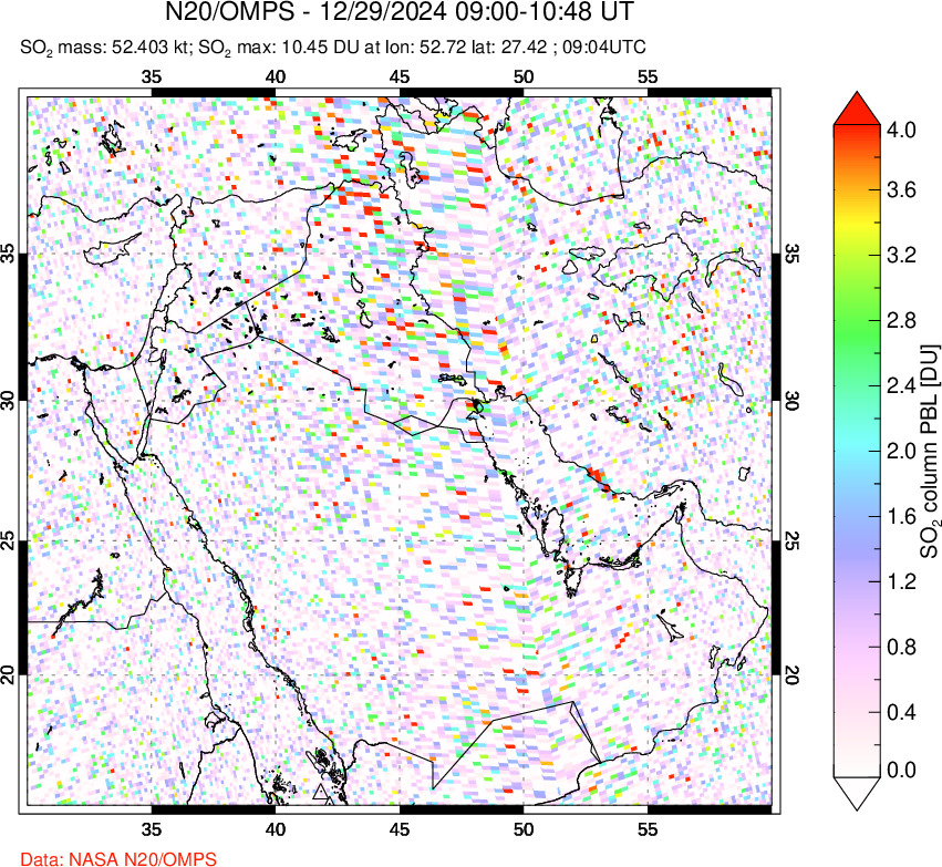 A sulfur dioxide image over Middle East on Dec 29, 2024.