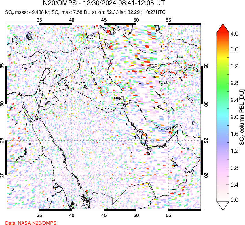 A sulfur dioxide image over Middle East on Dec 30, 2024.