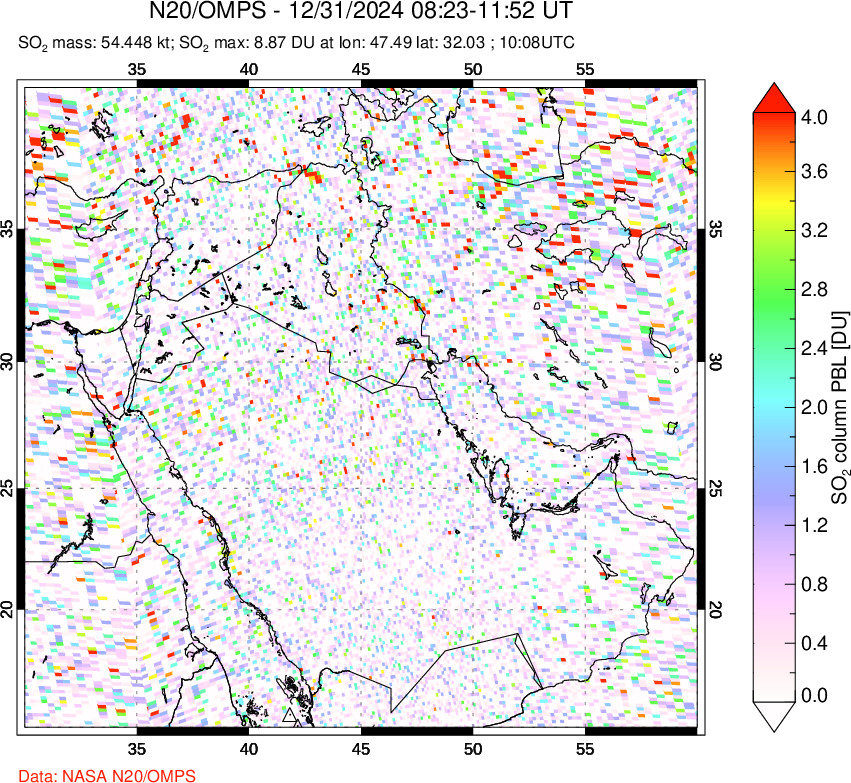 A sulfur dioxide image over Middle East on Dec 31, 2024.