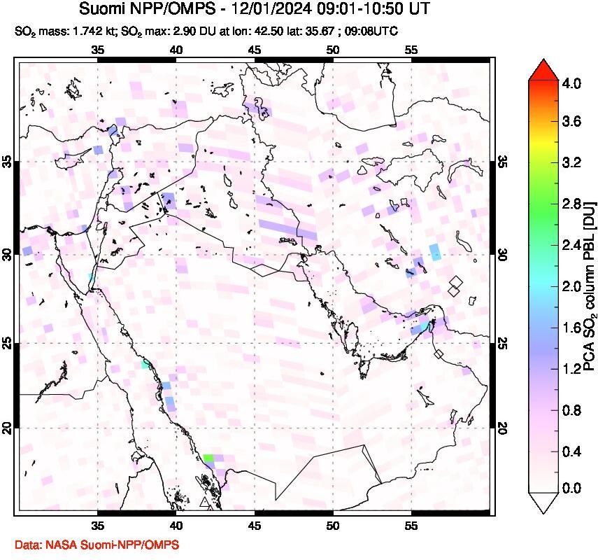 A sulfur dioxide image over Middle East on Dec 01, 2024.