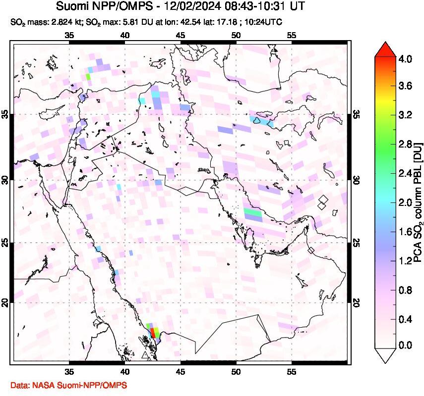 A sulfur dioxide image over Middle East on Dec 02, 2024.