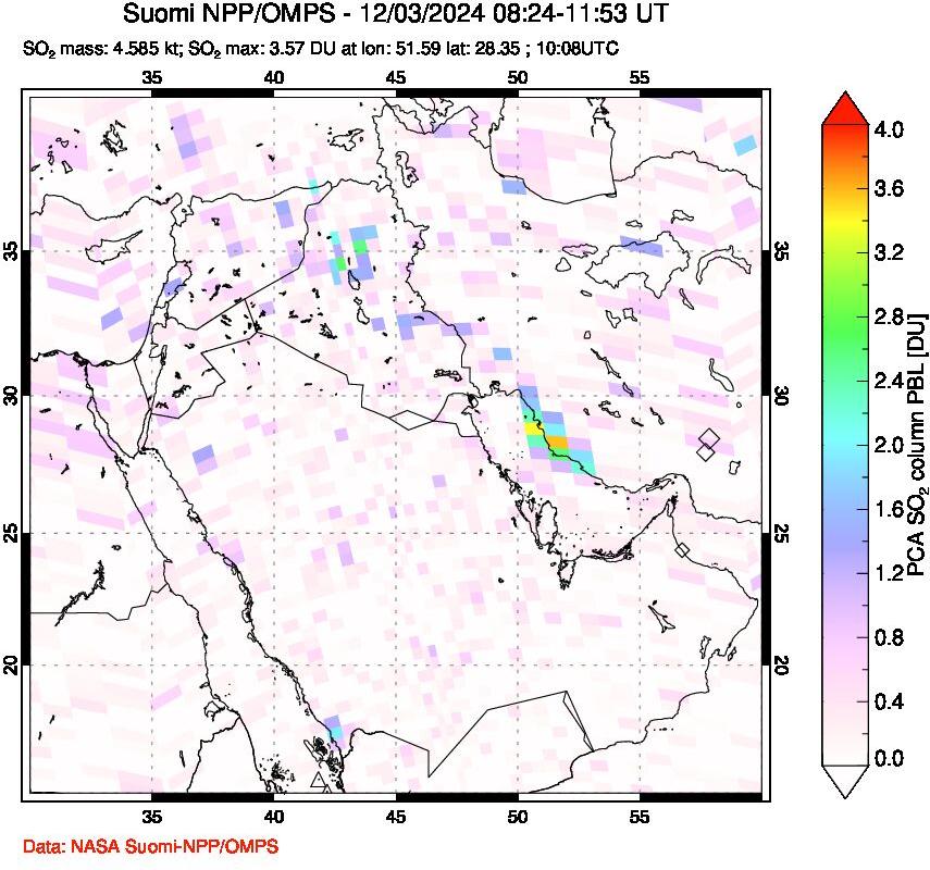 A sulfur dioxide image over Middle East on Dec 03, 2024.