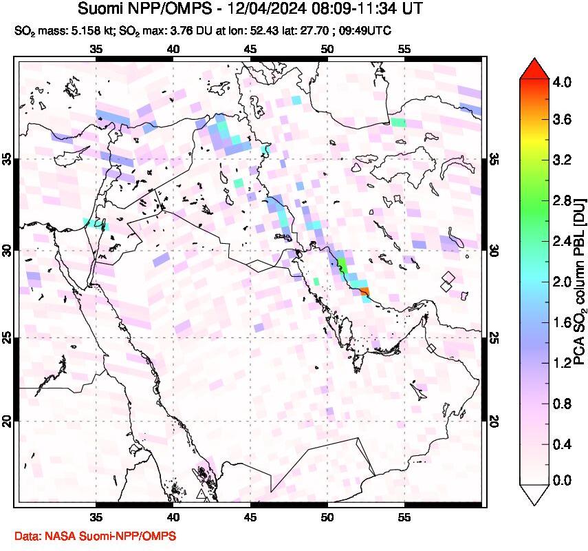 A sulfur dioxide image over Middle East on Dec 04, 2024.