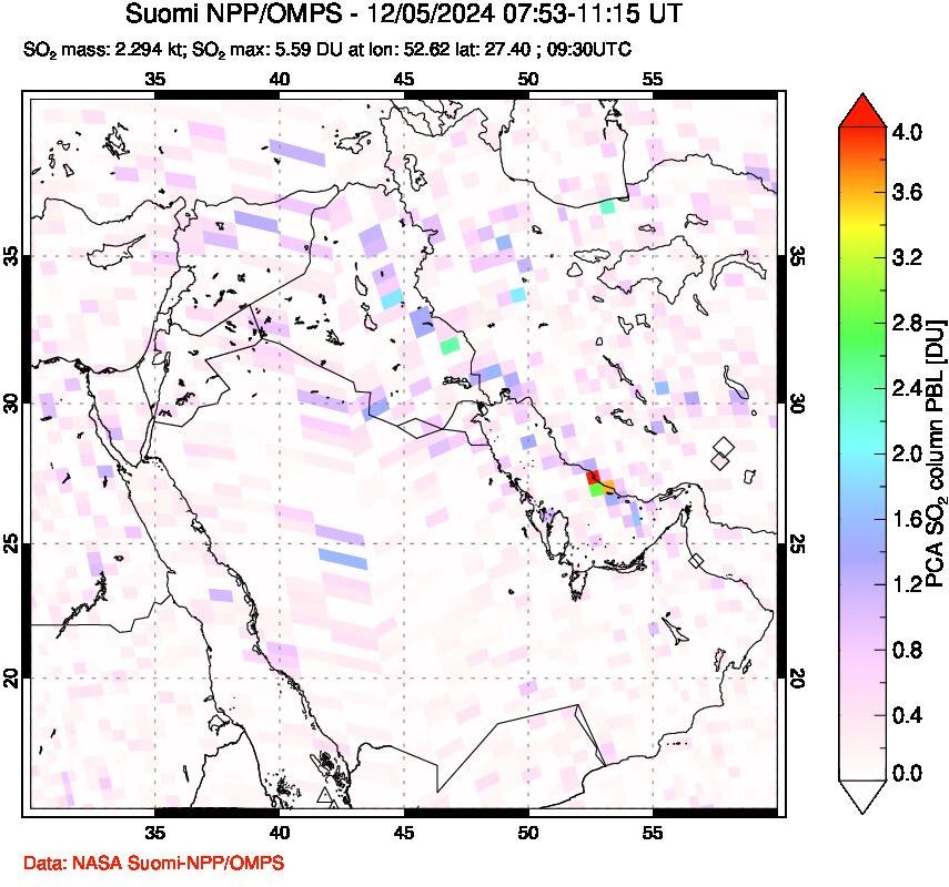 A sulfur dioxide image over Middle East on Dec 05, 2024.