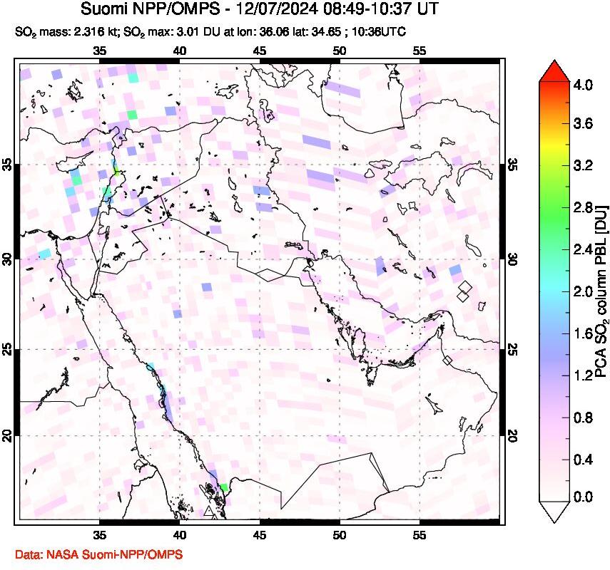 A sulfur dioxide image over Middle East on Dec 07, 2024.