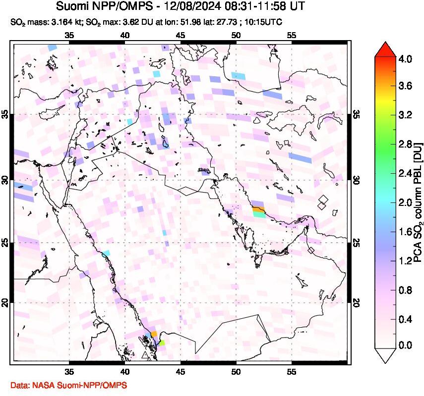 A sulfur dioxide image over Middle East on Dec 08, 2024.