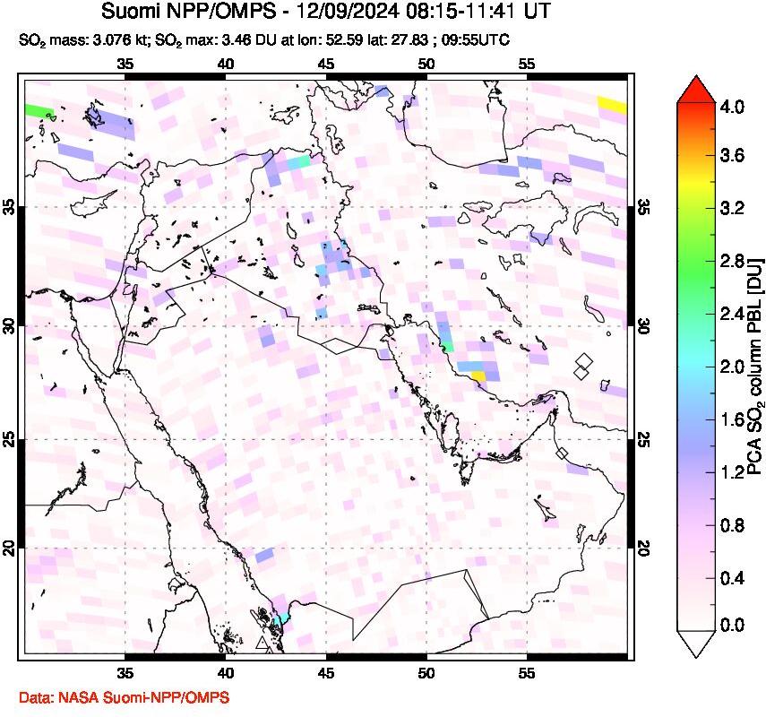 A sulfur dioxide image over Middle East on Dec 09, 2024.