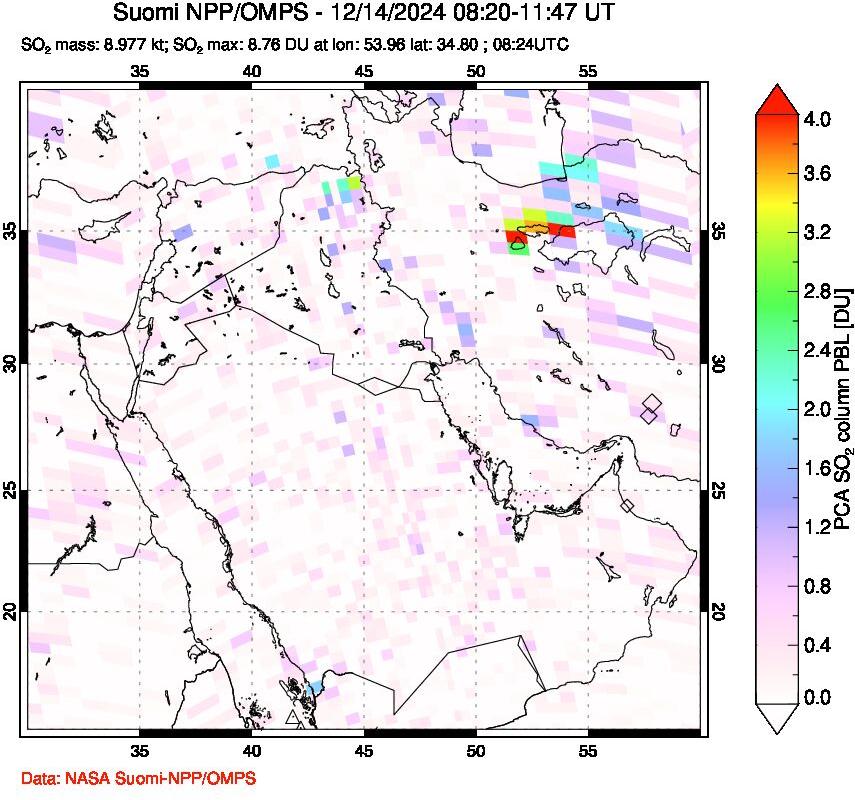 A sulfur dioxide image over Middle East on Dec 14, 2024.