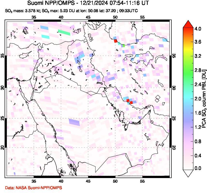 A sulfur dioxide image over Middle East on Dec 21, 2024.