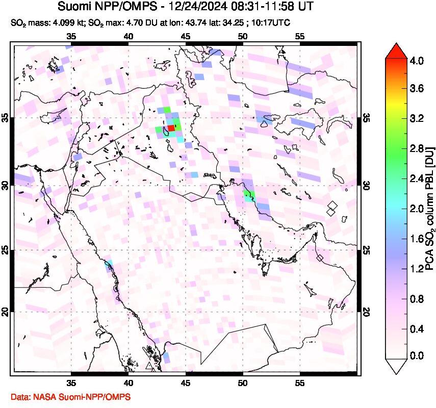 A sulfur dioxide image over Middle East on Dec 24, 2024.