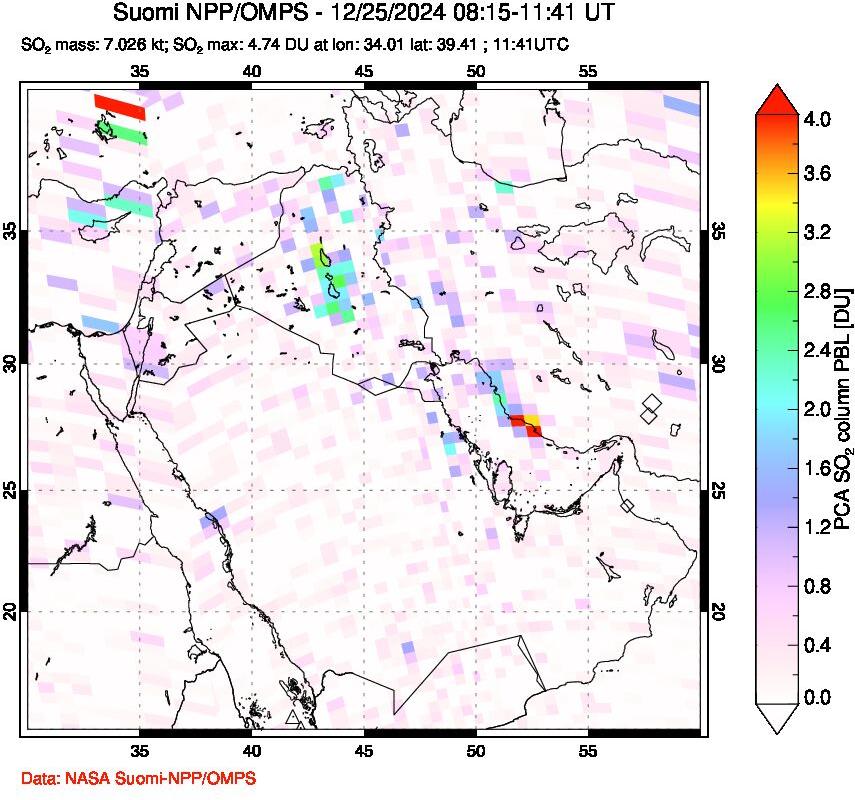 A sulfur dioxide image over Middle East on Dec 25, 2024.