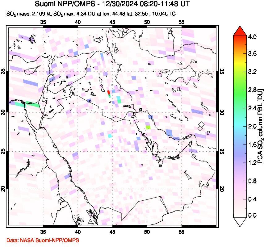 A sulfur dioxide image over Middle East on Dec 30, 2024.