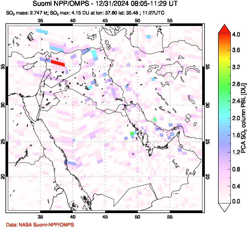 A sulfur dioxide image over Middle East on Dec 31, 2024.