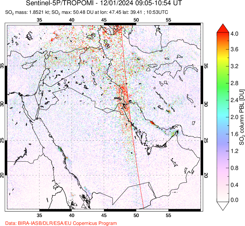 A sulfur dioxide image over Middle East on Dec 01, 2024.