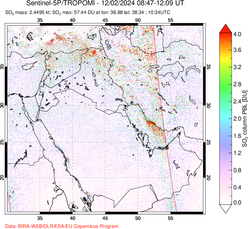 A sulfur dioxide image over Middle East on Dec 02, 2024.