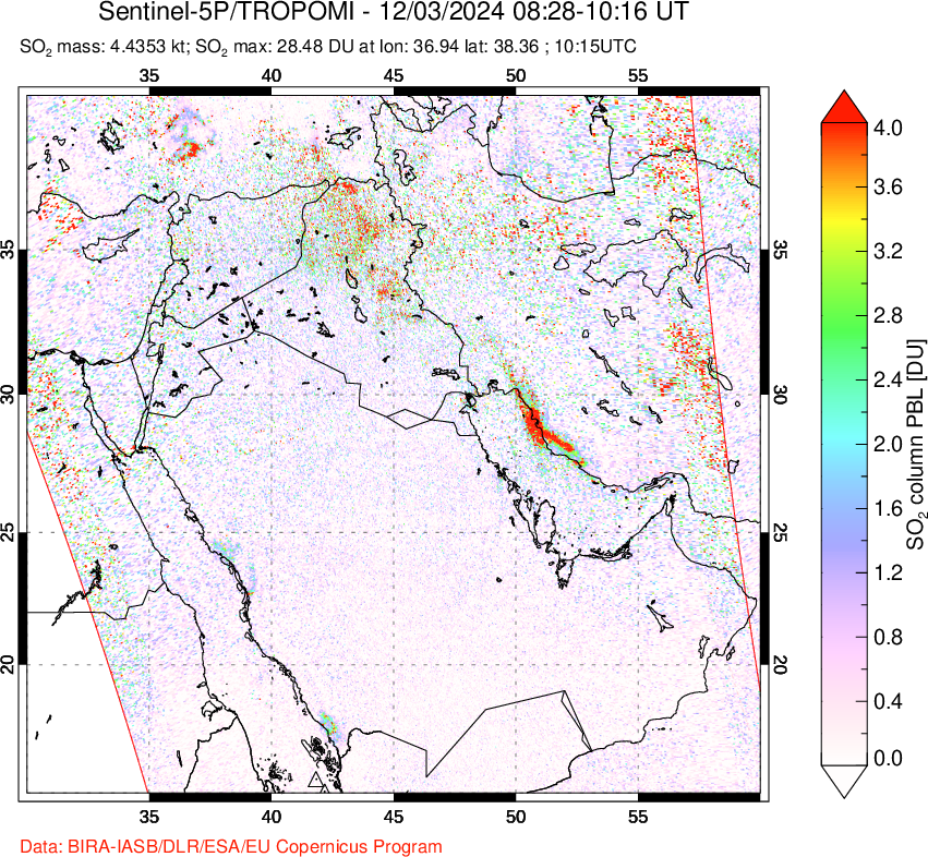 A sulfur dioxide image over Middle East on Dec 03, 2024.