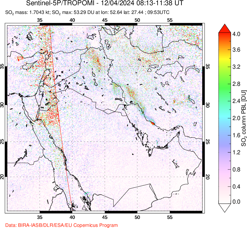 A sulfur dioxide image over Middle East on Dec 04, 2024.