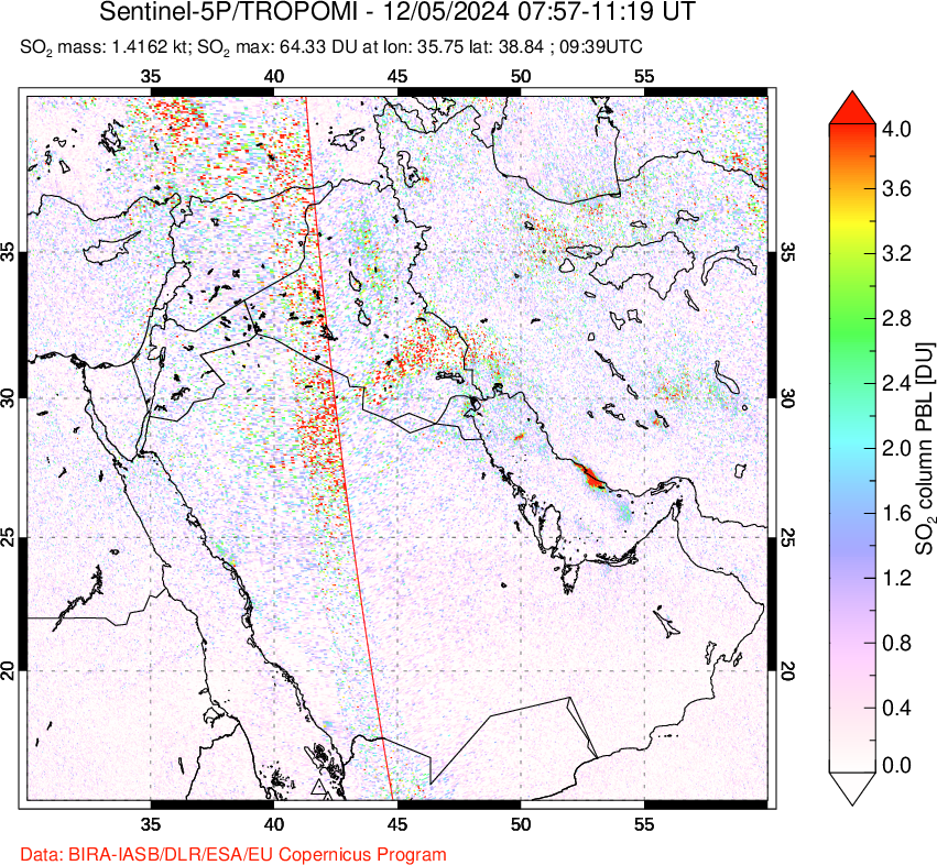 A sulfur dioxide image over Middle East on Dec 05, 2024.