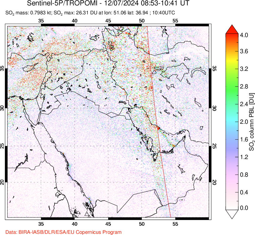 A sulfur dioxide image over Middle East on Dec 07, 2024.