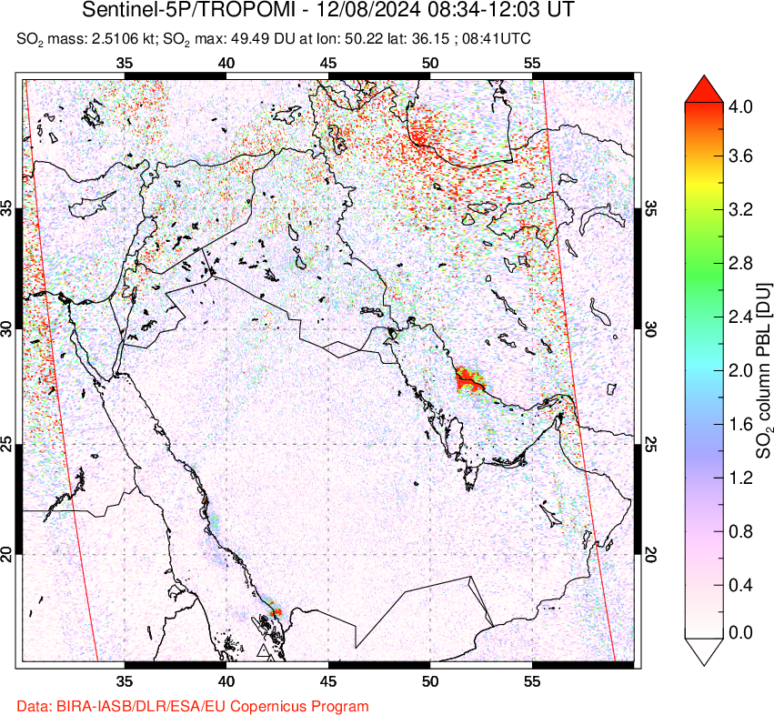 A sulfur dioxide image over Middle East on Dec 08, 2024.