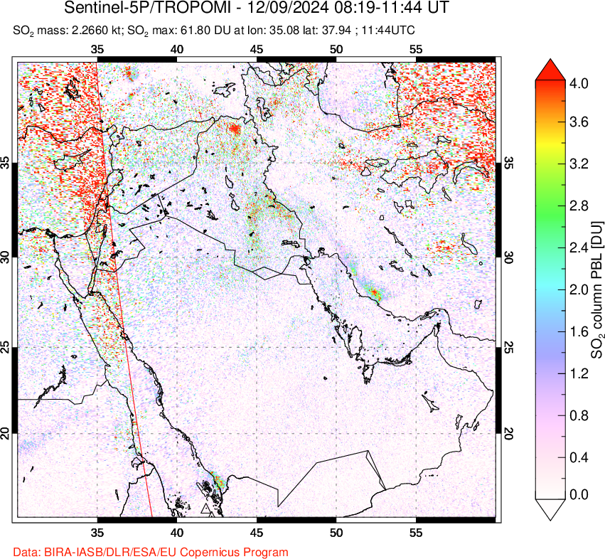 A sulfur dioxide image over Middle East on Dec 09, 2024.