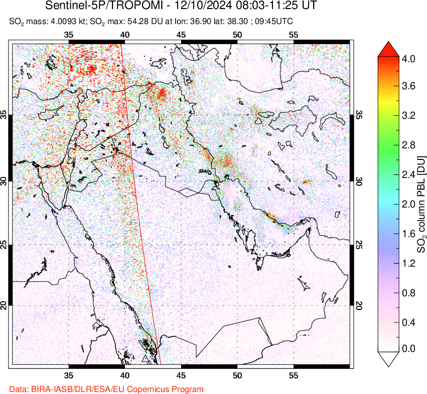 A sulfur dioxide image over Middle East on Dec 10, 2024.