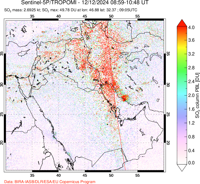 A sulfur dioxide image over Middle East on Dec 12, 2024.