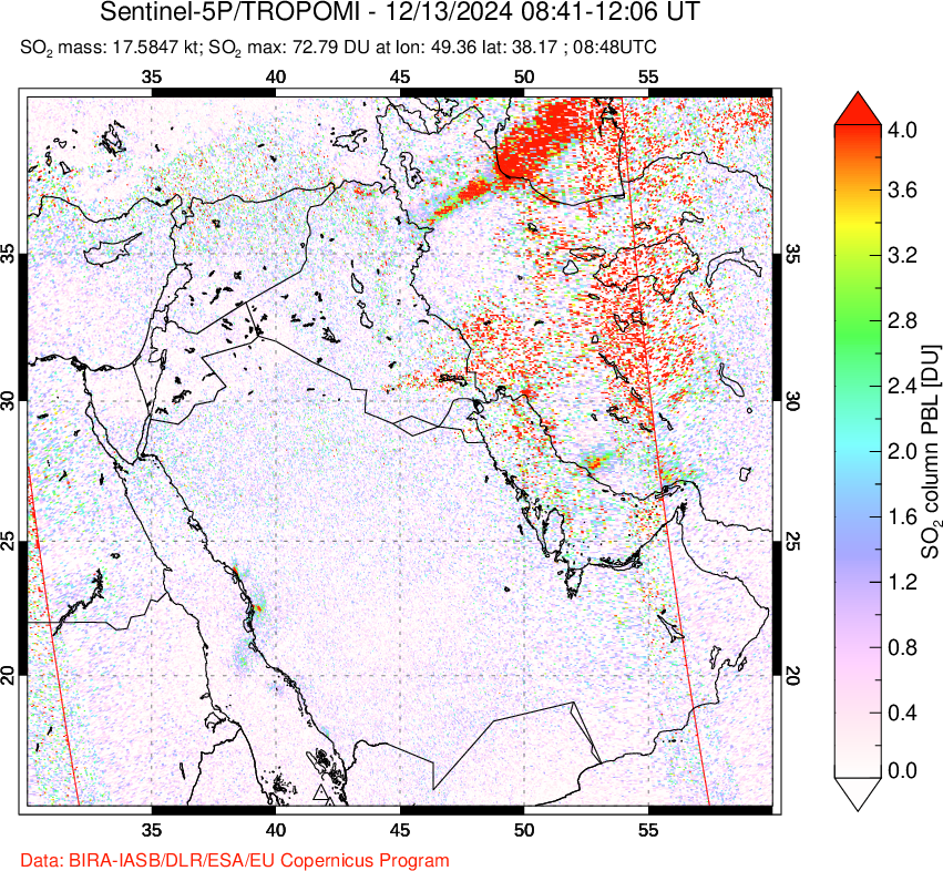 A sulfur dioxide image over Middle East on Dec 13, 2024.