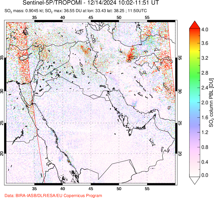 A sulfur dioxide image over Middle East on Dec 14, 2024.