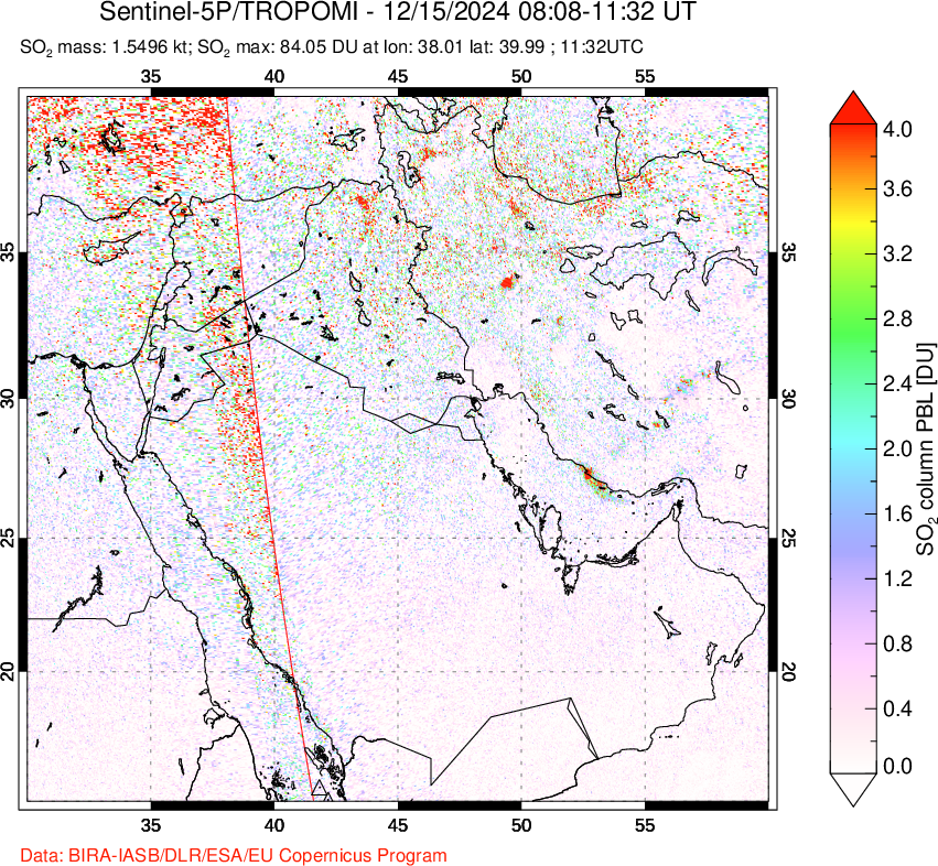 A sulfur dioxide image over Middle East on Dec 15, 2024.