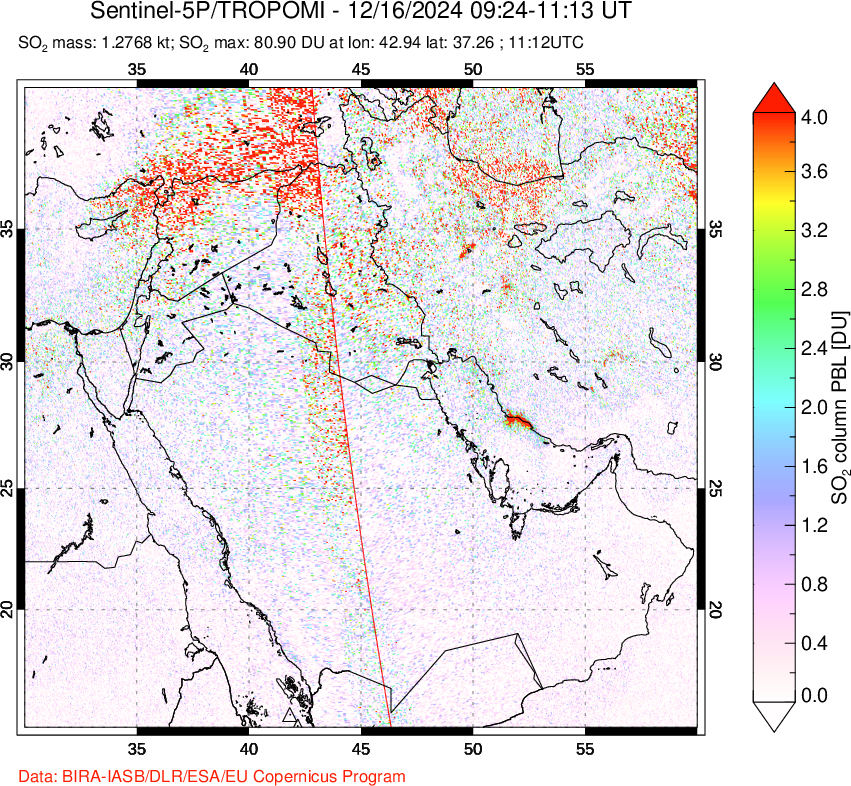 A sulfur dioxide image over Middle East on Dec 16, 2024.