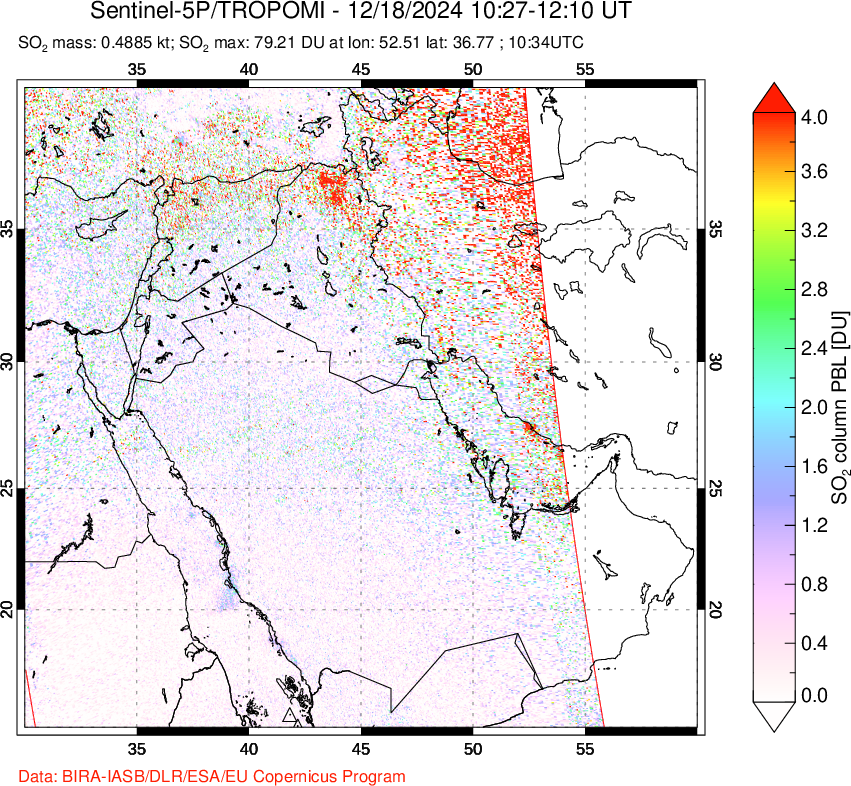 A sulfur dioxide image over Middle East on Dec 18, 2024.