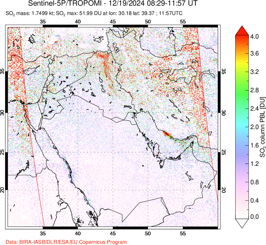 A sulfur dioxide image over Middle East on Dec 19, 2024.