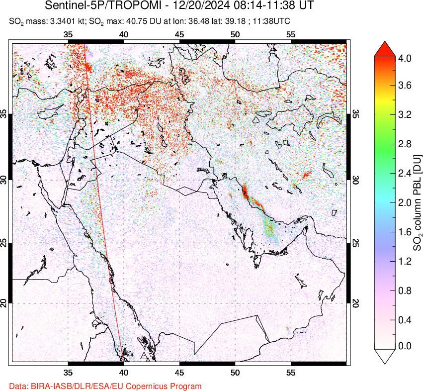 A sulfur dioxide image over Middle East on Dec 20, 2024.