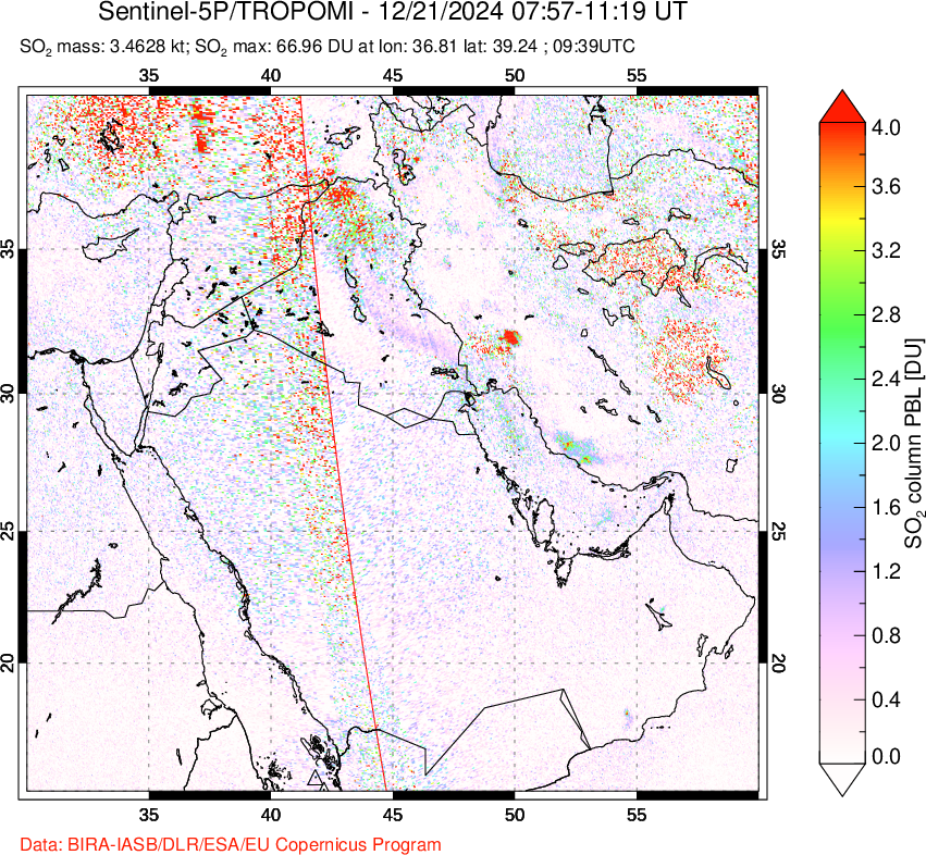 A sulfur dioxide image over Middle East on Dec 21, 2024.