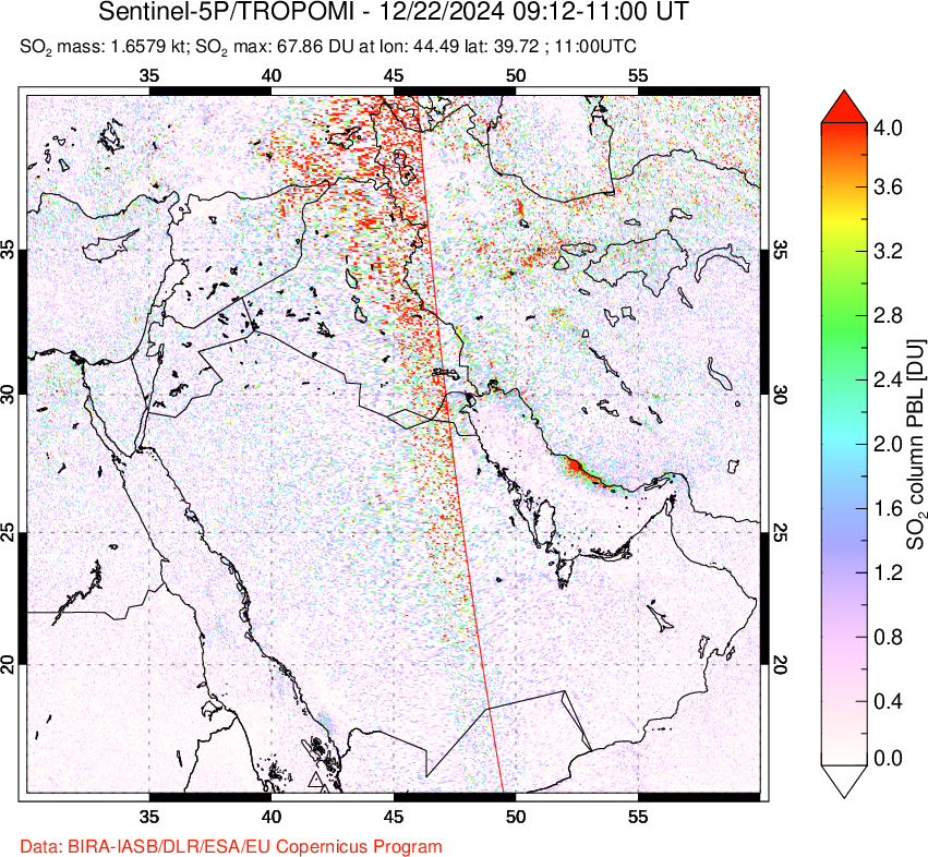 A sulfur dioxide image over Middle East on Dec 22, 2024.