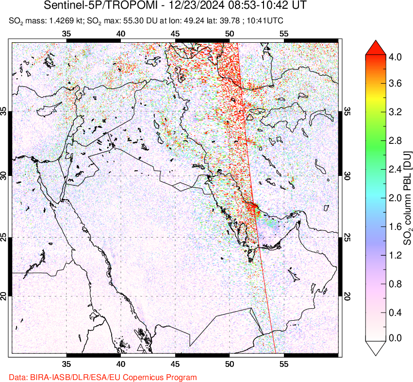 A sulfur dioxide image over Middle East on Dec 23, 2024.