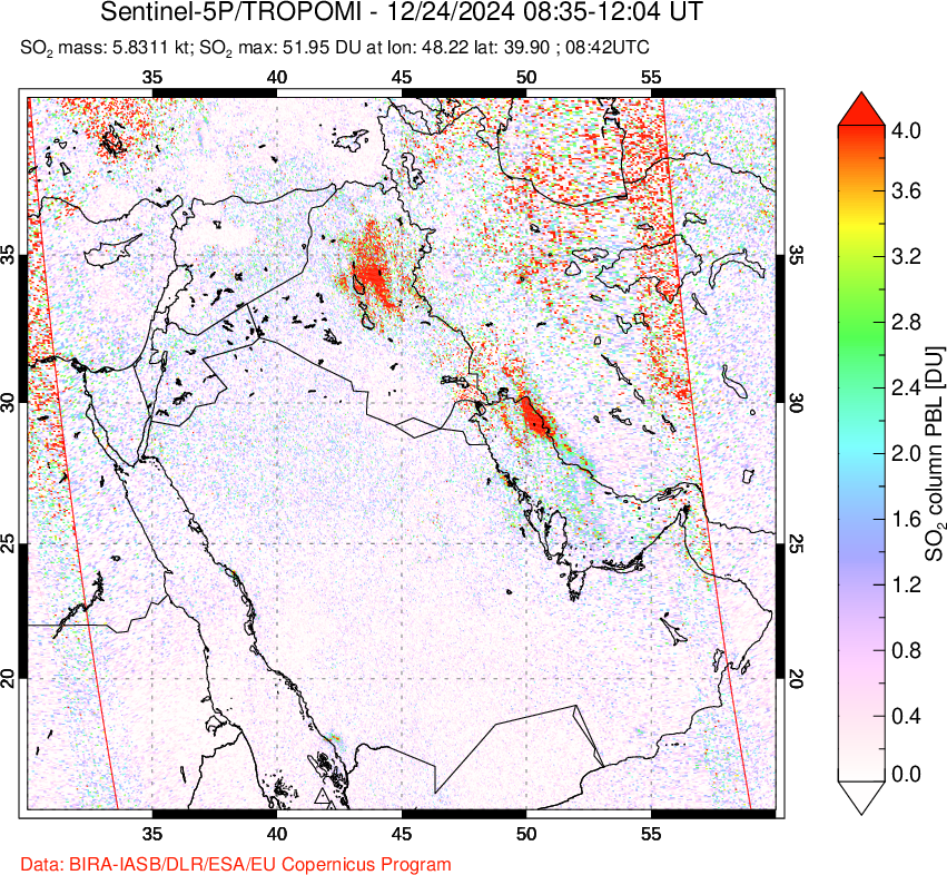 A sulfur dioxide image over Middle East on Dec 24, 2024.