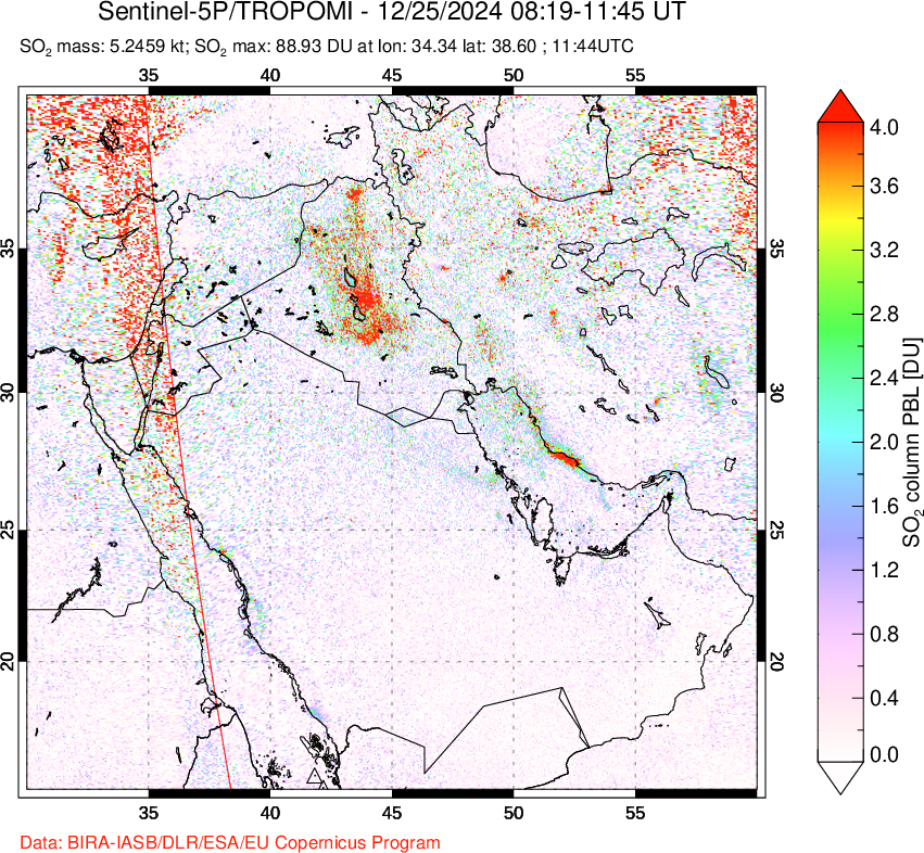 A sulfur dioxide image over Middle East on Dec 25, 2024.