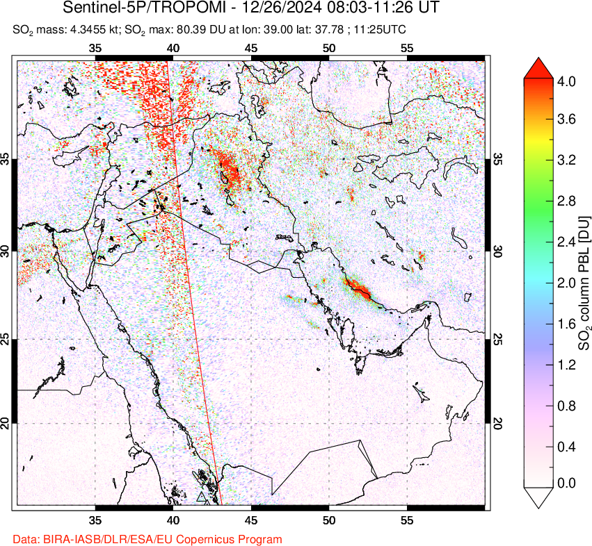 A sulfur dioxide image over Middle East on Dec 26, 2024.