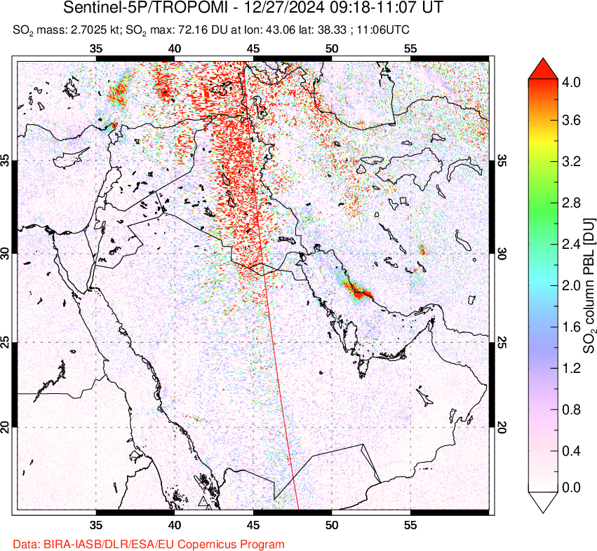 A sulfur dioxide image over Middle East on Dec 27, 2024.