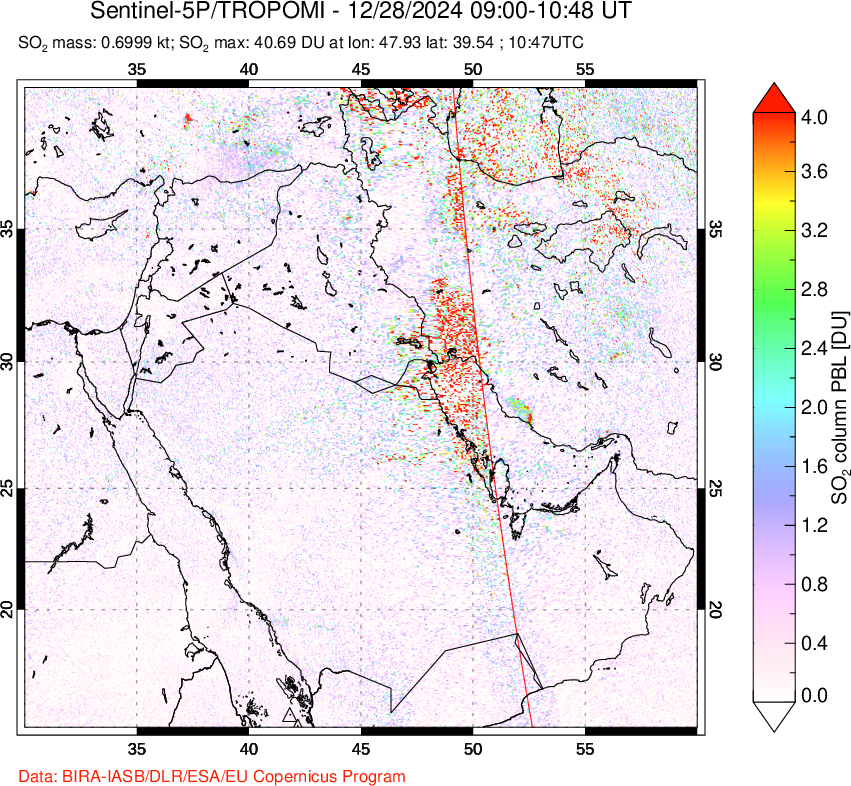 A sulfur dioxide image over Middle East on Dec 28, 2024.