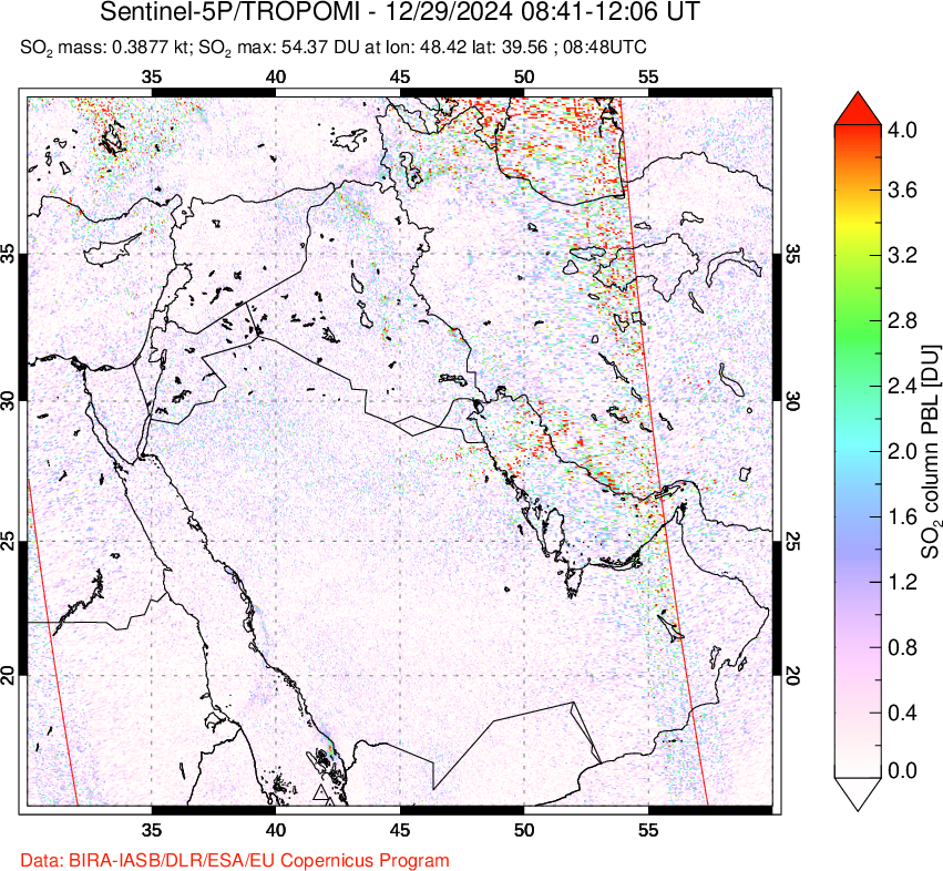 A sulfur dioxide image over Middle East on Dec 29, 2024.