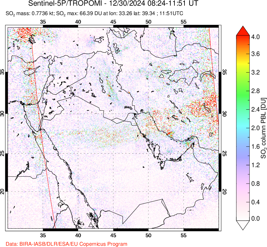 A sulfur dioxide image over Middle East on Dec 30, 2024.